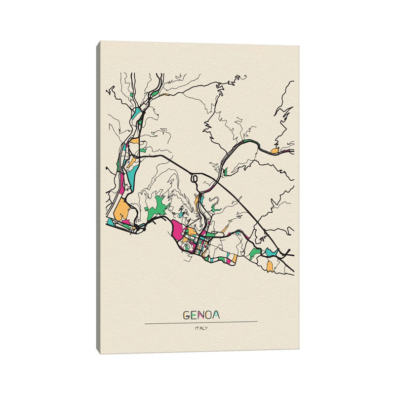 «Genoa, Italy Map» par Ayse Deniz Akerman - impression sur toile tendue, H 12 po x l 8 po x P 0,75 po