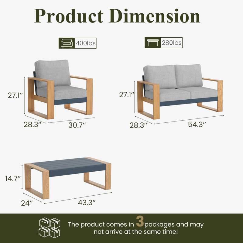  4 Pieces Aluminum Patio Furniture Set With Coffee Table, Oversized Seat With Hight Back Outdoor Conversation Sets