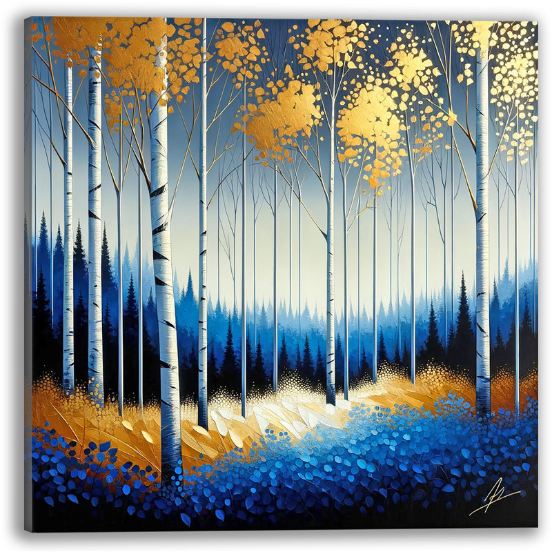 «Golden Birch Trees in Blue Autumn Forest», art mural, H 20 po x l 20 po