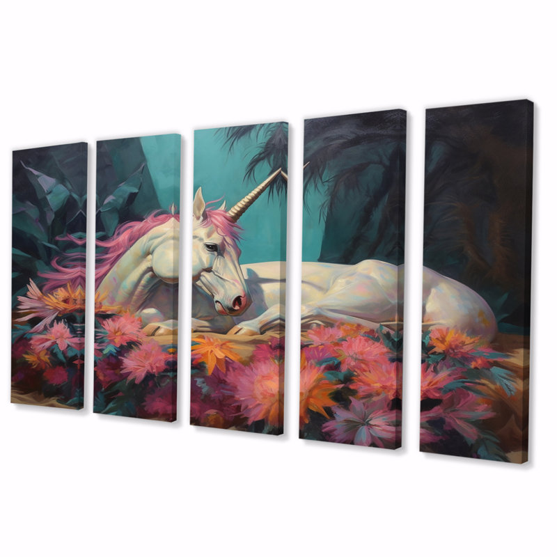 Mignonnes licornes dormant ensemble dans un champ de fleurs V - Licorne fantastique, art mural, salon - 5 panneaux égaux