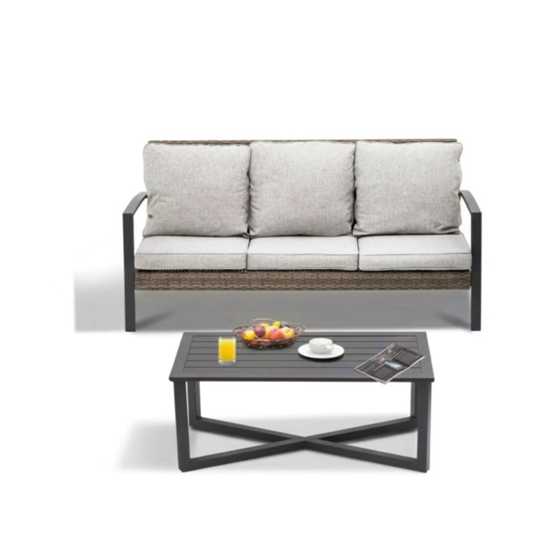 2-Piece Wicker Patio Conversation Set With Cushions & Coffee Table, Gray Cushion/Black Frame