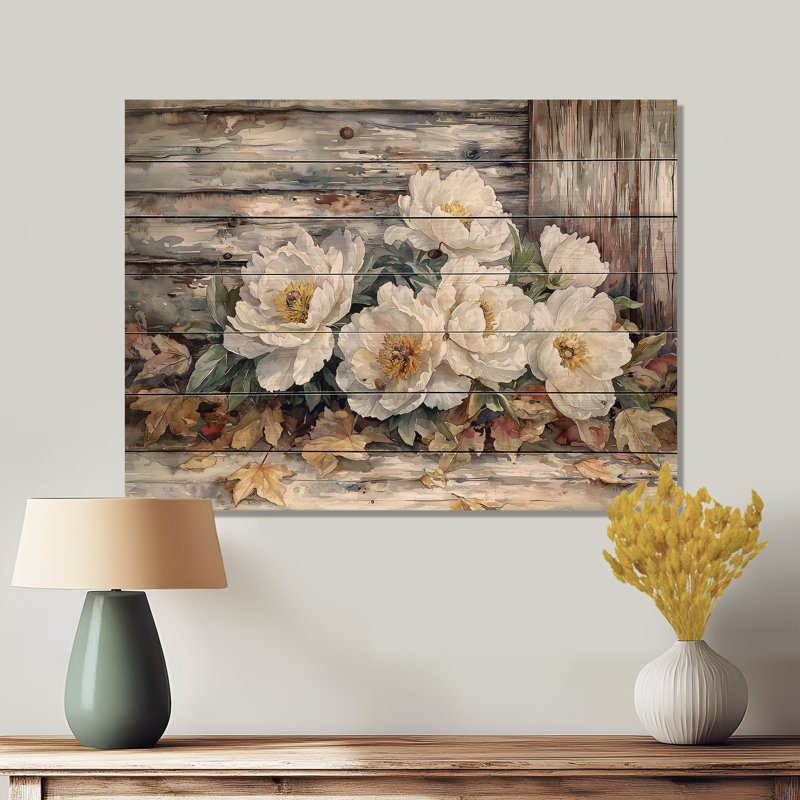 Pivoines près de la grange d'automne - Décoration murale en bois de pivoines - sur bois de pin naturel