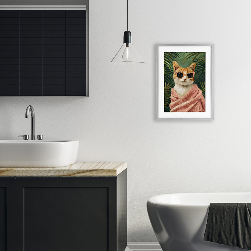 Cozy Cat and Tropical Plants, reproduction encadrée sous verre, design par LSR Design Studio, H 20 po x l 14 po