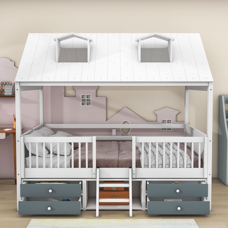 Lit mezzanine avec tiroirs Yacine Kids, Blanc, Double