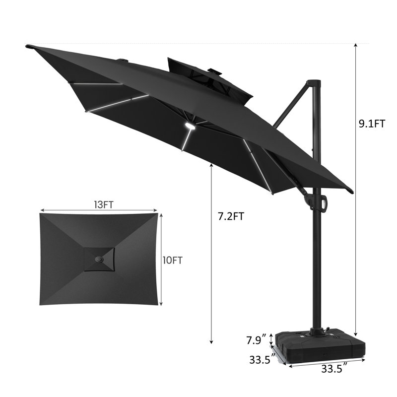 Parasol extérieur rectangulaire en porte-à-faux à DEL 153 "x 116" avec base lestée, Noir