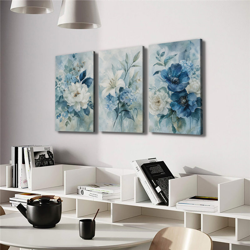 Toile, art mural, aquarelle, bleu, lis blanc, hortensia, décoration murale rétro pour salon, chambre à coucher