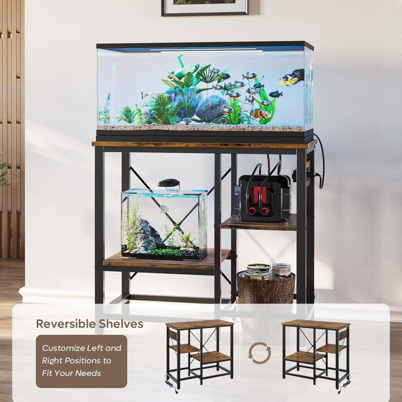 Rustic Brown Metal Fish Tank Stand with Adjustable Shelves