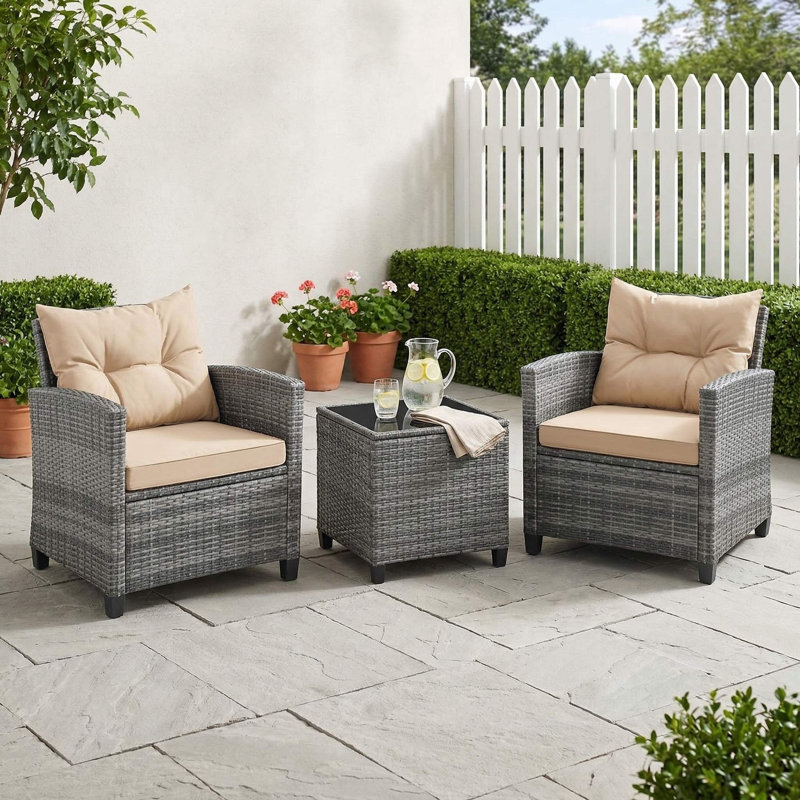 3-Piece All-Weather PE Wicker Outdoor Patio Conversation Set, 2 Padded Seats With Removable Washable Cushions, 1 Scratch-Resistant Tempered Glass Tabletop Side Table