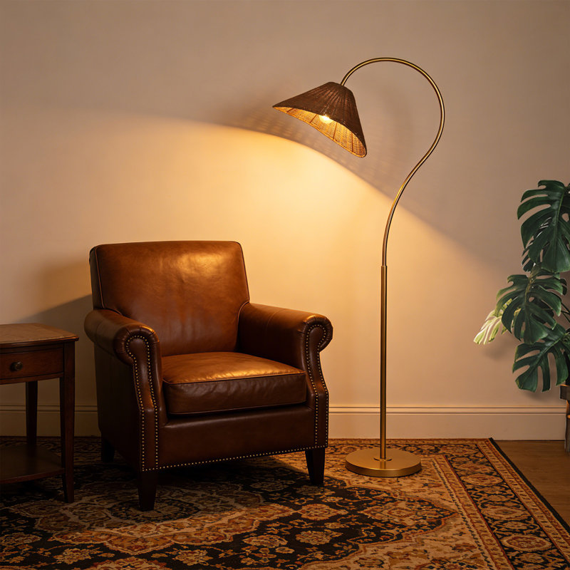 65” Arched Dimmable Rattan Floor Lamp, Gold