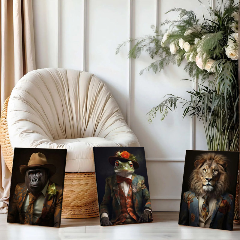 Ensemble de 3 affiches murales encadrées, portraits d'animaux fantaisistes sur toile : gorille, grenouille et lion élégants en costumes fleuris et chapeaux. Décoration murale de style moderne et vintage pour salon, chambre ou bureau. Impressions sans cadre.