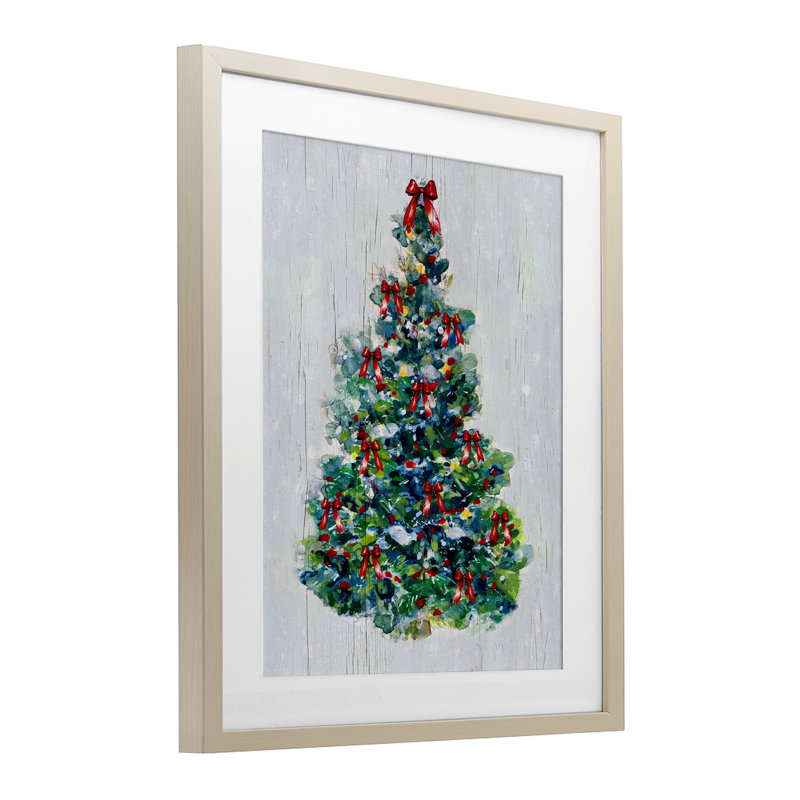 O Christmas Tree Celebration, reproduction encadrée sous verre, conception de Sally Swatland, Cadre de récolte en pin