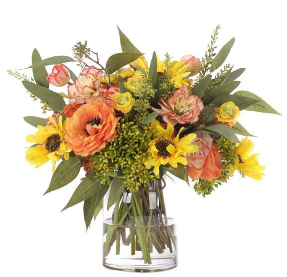 Rose Sunflower, Orange Yellow, Glass Vase, 18wx17dx16h