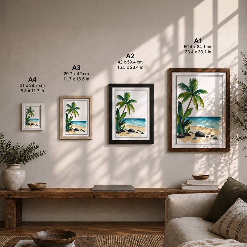 Tropical Shoreline Coastal - Framed Print, A2 - 59.4 x 42.0 cm, White