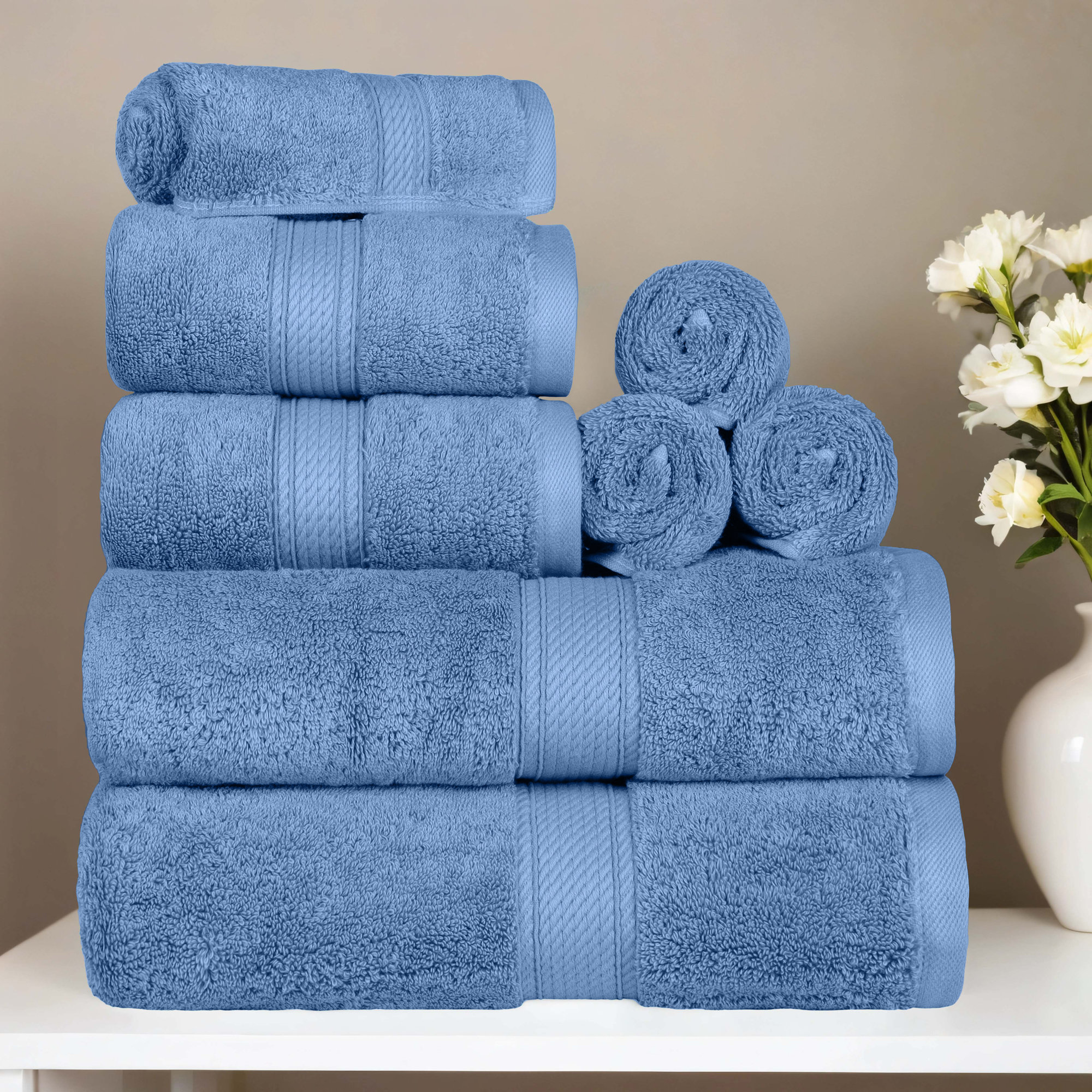 Renata 8 Piece 800 GSM Certified Egyptian Cotton Towel Set , Denim Blue