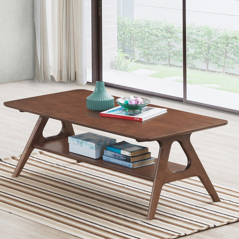 Table basse Mid-Century moderne en bois avec tablette