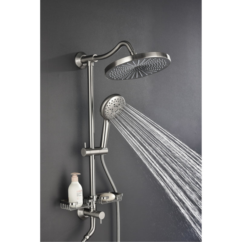 Shower Compilation Incorporating 10" Natural Rain Showerhead, 4 Hand Shower, Adjustable Slide Bar And Soap Dish In Brushed Nickel Showerhead Installation With Bar, Bathroom