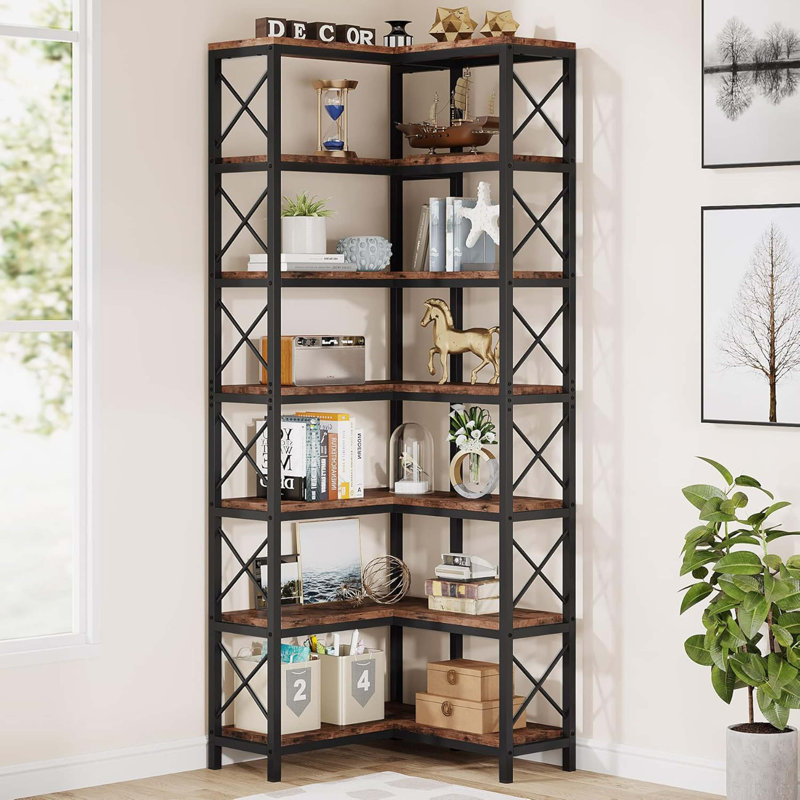 79.53" Tall 7-Tier Large Corner Bookshelf, Wood & Metal Tall Storage Bookcase For Living Room Home Office, Rustic Brown