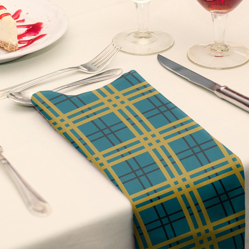 Plaid Square Napkin, Teal/Black/Gold, 10" x 10", Cotton