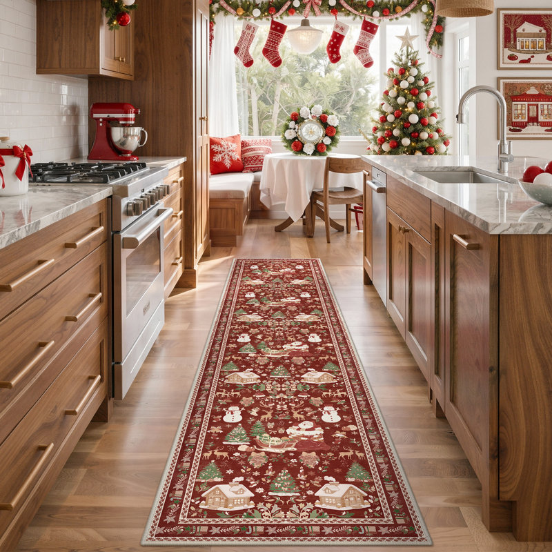 Tapis rouge lavable à la machine Christmas, Tapis de couloir 2 pi x 10 pi