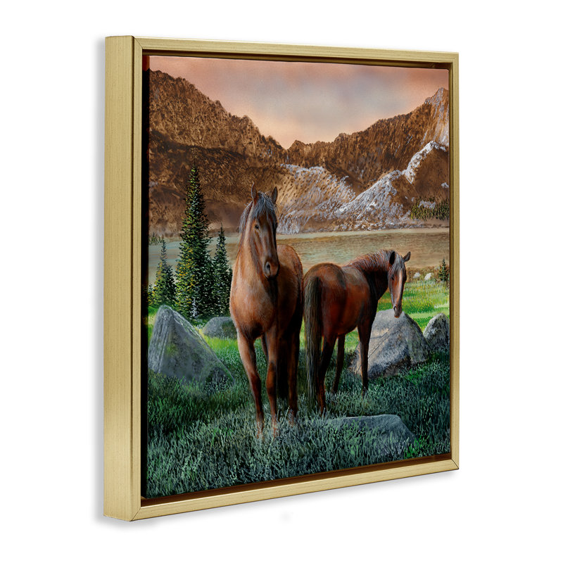 «Two Horses By Mountain», art mural encadré par Kevin Daniel, Cadre flottant métallique doré, H 18 po x l 18 po