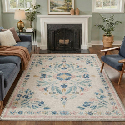 Tapis floral à médaillon pour hall d'entrée de chambre à coucher, 5 x 7 pi, bleu rose