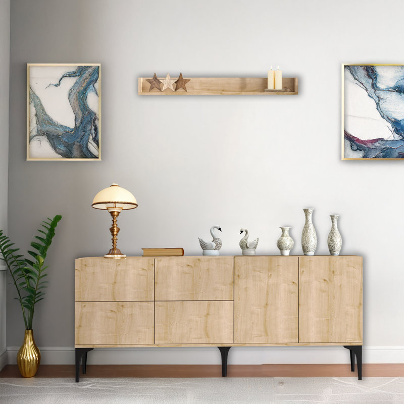 70.9'' Wide Rectangle 5 Cabinets Console Table With 1 Wall Shelf