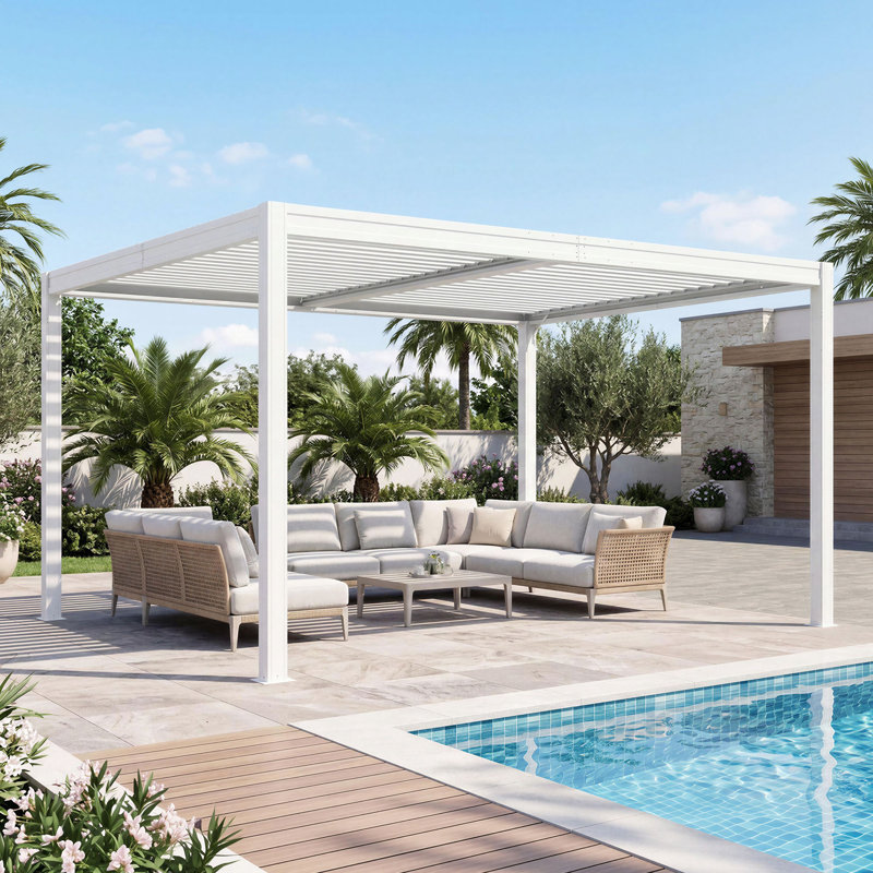 Domi Patio Outdoor Aluminum Louvered Pergola, White, 12" W x 10' D
