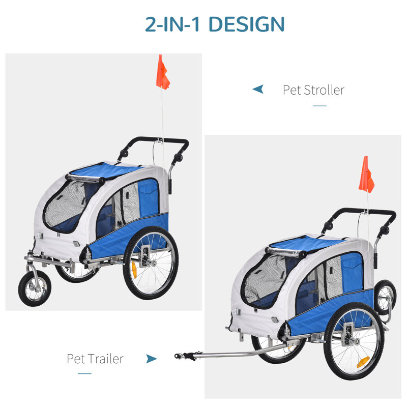 Blue 2-in-1 Pet Bike Trailer and Stroller with Canopy