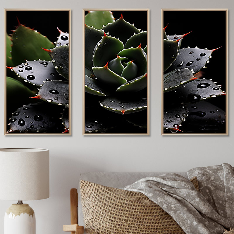 Black Blooming Cactus Photography - Floral Cactus Wall Art, Cadre flottant brun, H 28 po x l 36 po x P 1 po