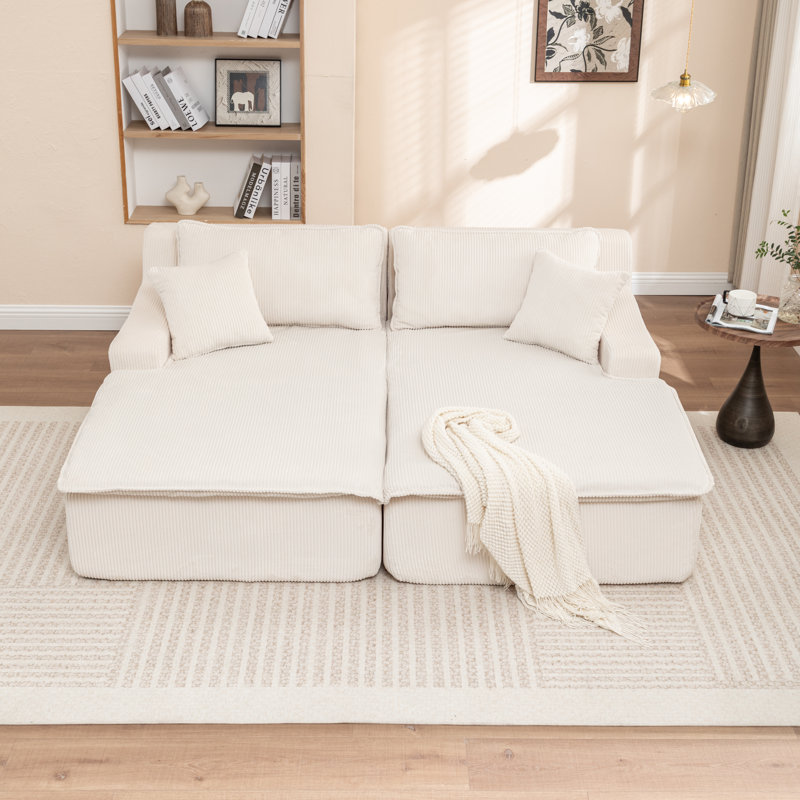Chaise longue en velours côtelé moderne Sarmiento avec mousse haute densité, Beige