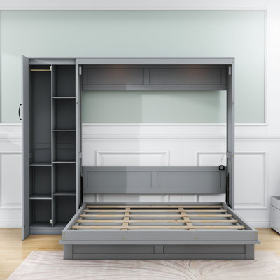 Lit escamotable en bois avec tablettes et garde-robe