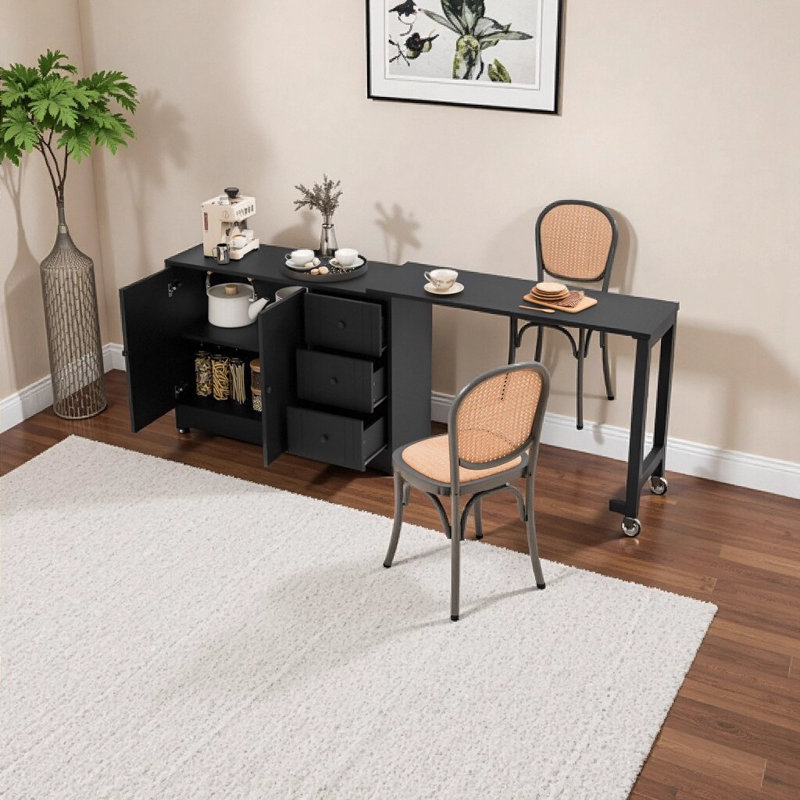 89.7'' American Traditional Wooden Sideboard with Extendable Dining Table, Multifunctional Storage Cabinet with 2 Doors & 3 Drawers for Living Room, Kitchen, Foyer
