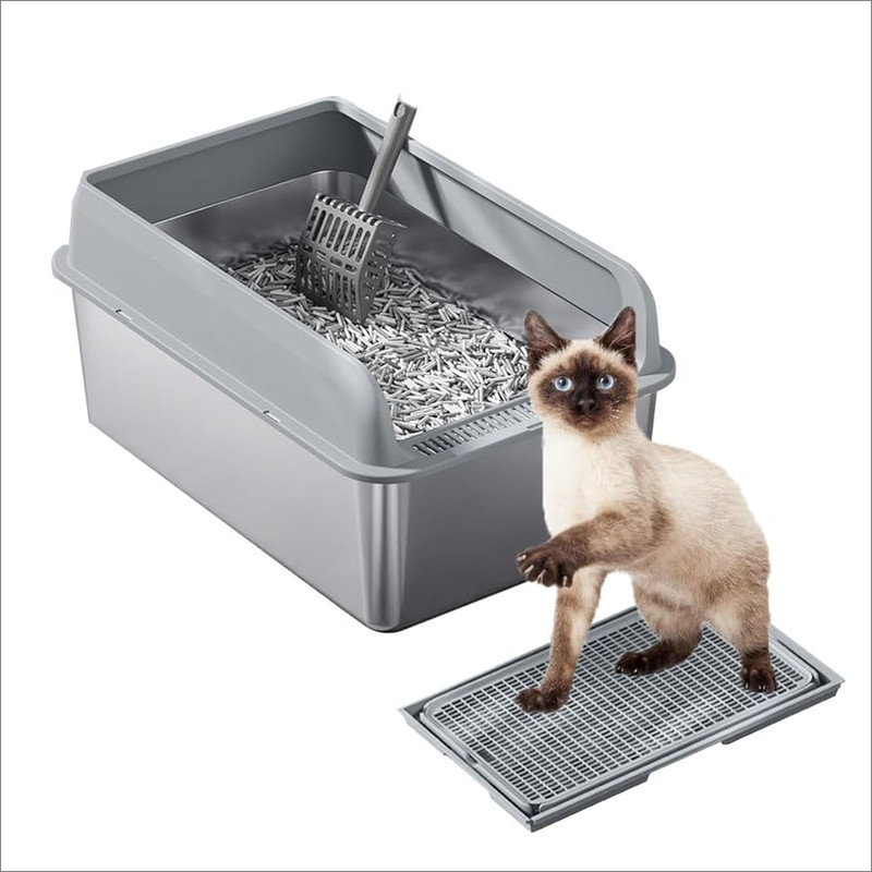 Stainless Steel Cat Litter Box with Lid Large Litter Box for Big Cats Non-Stick Stainless Steel Cat Boxes High Sides, Kitten Metal Boxes, Anti-Leakage, Easy to Clean