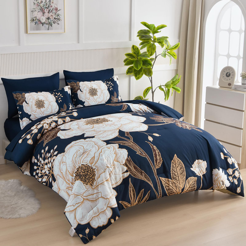Ensemble d'édredon floral 7 pièces - Ensemble de literie en microfibre douce pour toutes les saisons, Marine