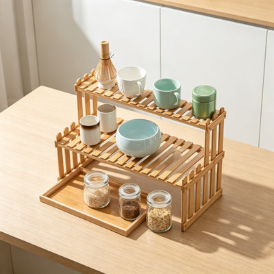 2-Tier Station Shelf Stand with Bamboo Serving Tray, Coffee Station Organizer and Storage Rack for Countertop, Mug Holder for Desktop, Plant Stand, 18.5 x 11.8 x 8.3 Inches, Bamboo