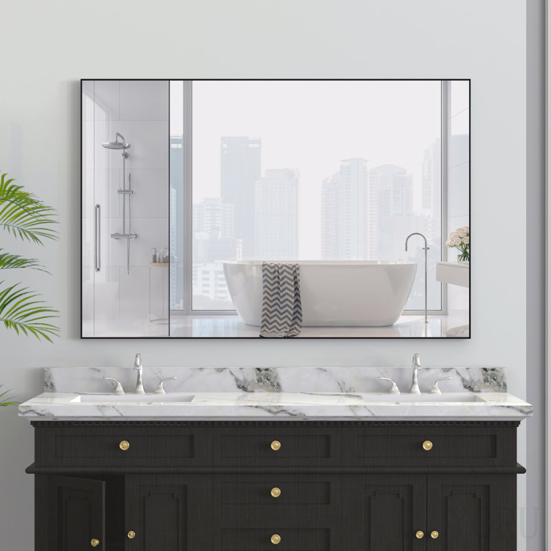Miroir de salle de bain 48 po x 32 po rectangulaire moderne surdimensionné avec cadre noir, Aluminium