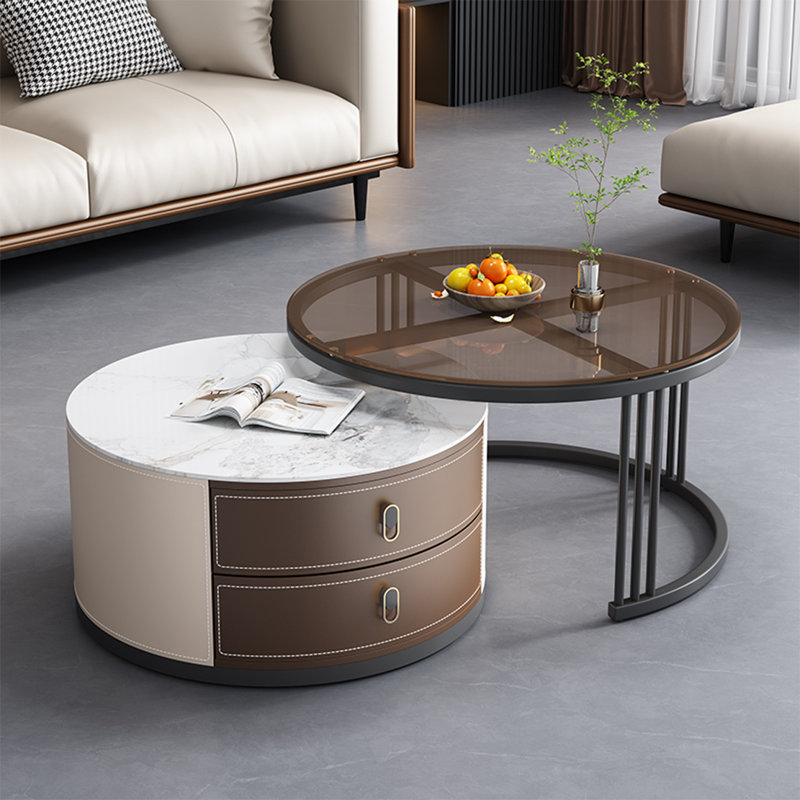 Ensemble de tables basses Modern, H 17,7 po x L 31,5 po x l 31,5 po, Blanc / gris / transparent / brun clair
