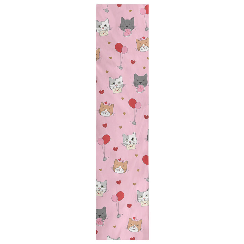 Festive Hol Valentine's Day Cats Table Runner, 90" L x 16" W, Pink/Gray/Red, Cotton blend