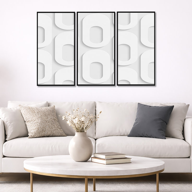 Motif de forme incurvée - ensemble de 3 impressions sur toile flottante, Cadre noir, H 28 po x l 36 po x P 1 po