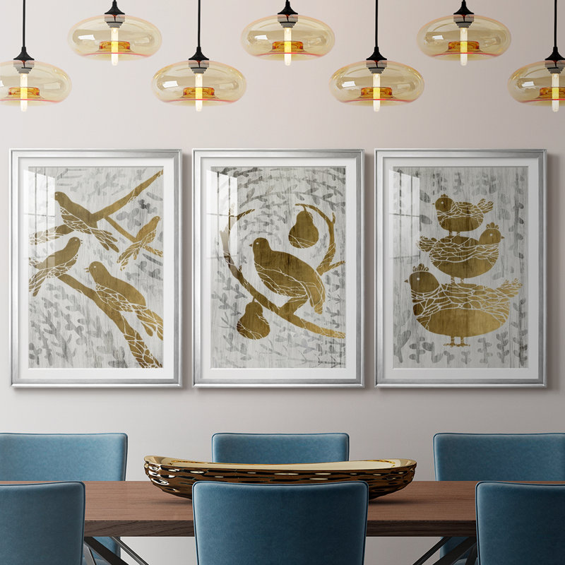 Quatre oiseaux chanteurs - feuille d'or - impression encadrée sur mesure de qualité supérieure - 3 pièces, Argent argent