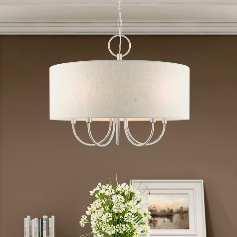 Lustre tambour 5 lumières à abat-jour Raymond, Nickel brossé