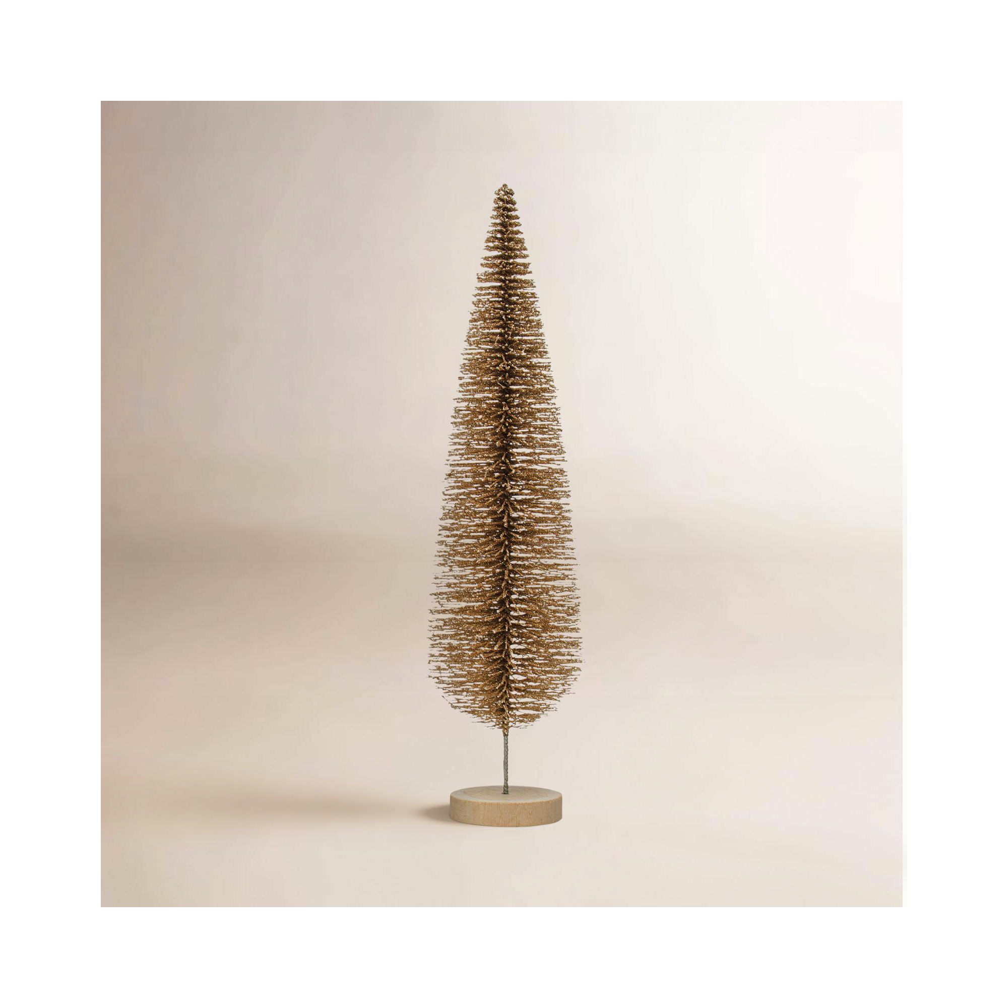 Plastic Bottle Brush Tree With Glitter And Wood Base, 15" H x 3.75" W x 3.75" D