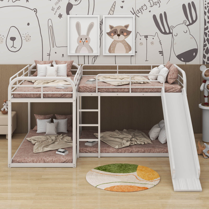 Full And Twin Size L-Shaped Bunk Bed With Slide, White