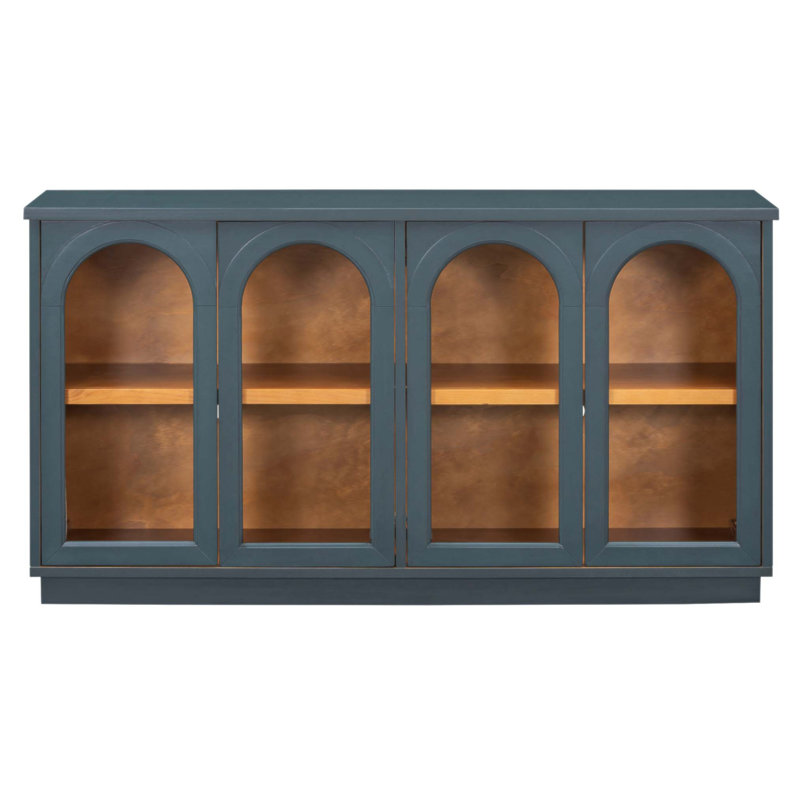 Grande armoire de rangement à 4 portes avec portes en verre, conception arquée et tablettes réglables pour une utilisation polyvalente dans la cuisine, la salle à manger et le salon
