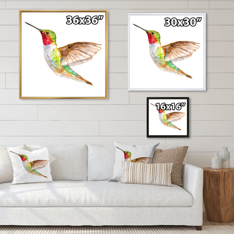 Croquis de colibri - art mural traditionnel sur toile, H 36 po x l 36 po x P 1,5 po, Toile encadrée flottante dorée