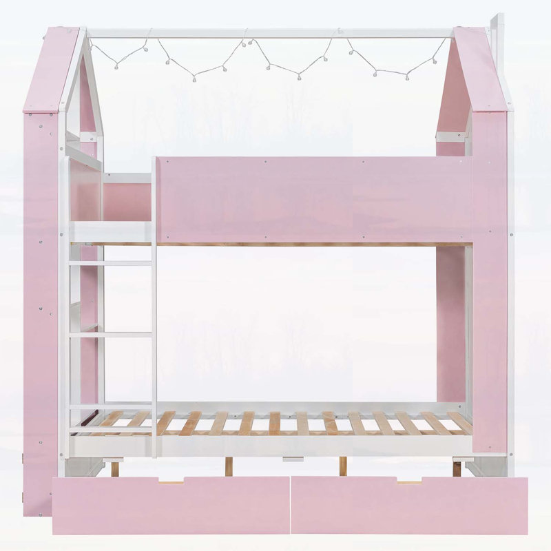 Lit superposé double avec tiroirs et tablettes de rangement, conception moderne en bois à deux tons, meubles de chambre à coucher peu encombrants, blanc et rose