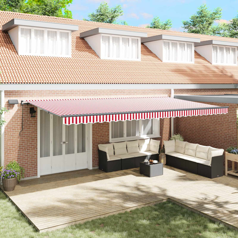 VidaXL 350cm D Retractable Patio Awning, 600cm W x 350cm D, Red/White/Black, Striped