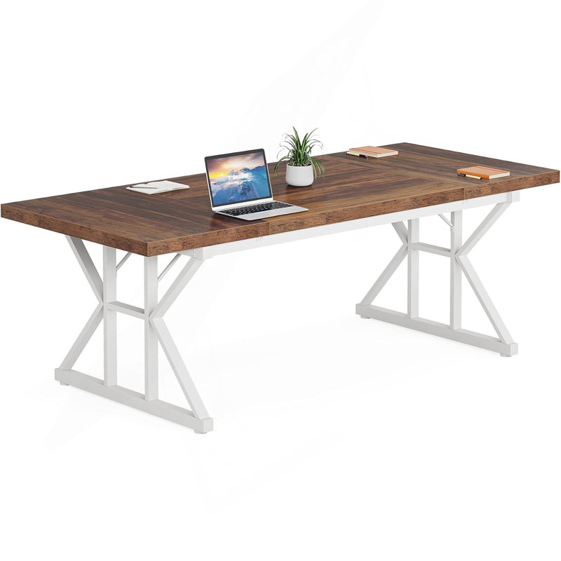Taneja Metal Base Dining Table, 29.92"H x 78.74"L x 27.55"W, Brown/White