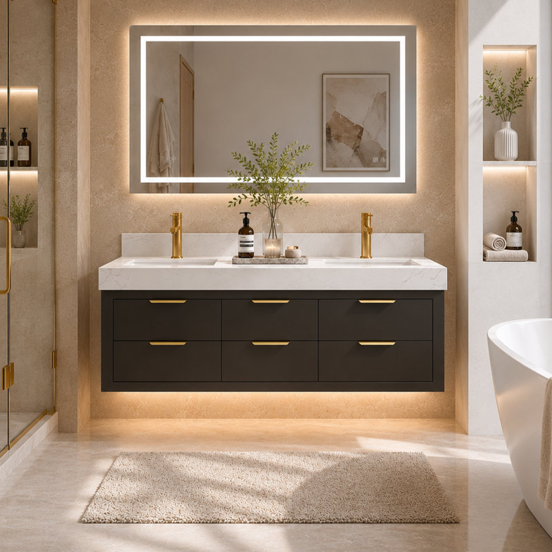 Lumino 60" Modern Wall Mounted Double Sink Bathroom Vanity with Engineered Stone Top, LED Light, 6 Soft Close Drawers, Black