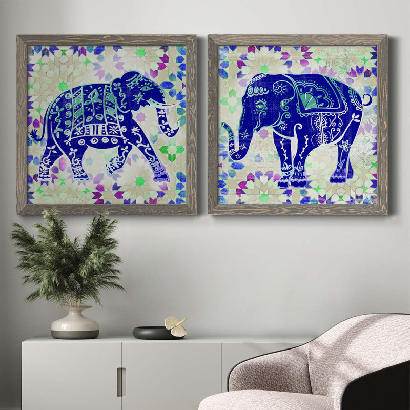 «Painted Elephant I», ensemble de 2 peintures sur toile encadrées, H 27,5 po x l 55 po x P 1,5 po, Encadré gris